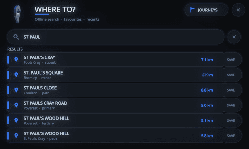 MotoCore One Where to? screen with offline search results for ST PAUL with distances, save actions and a JOURNEYS shortcut