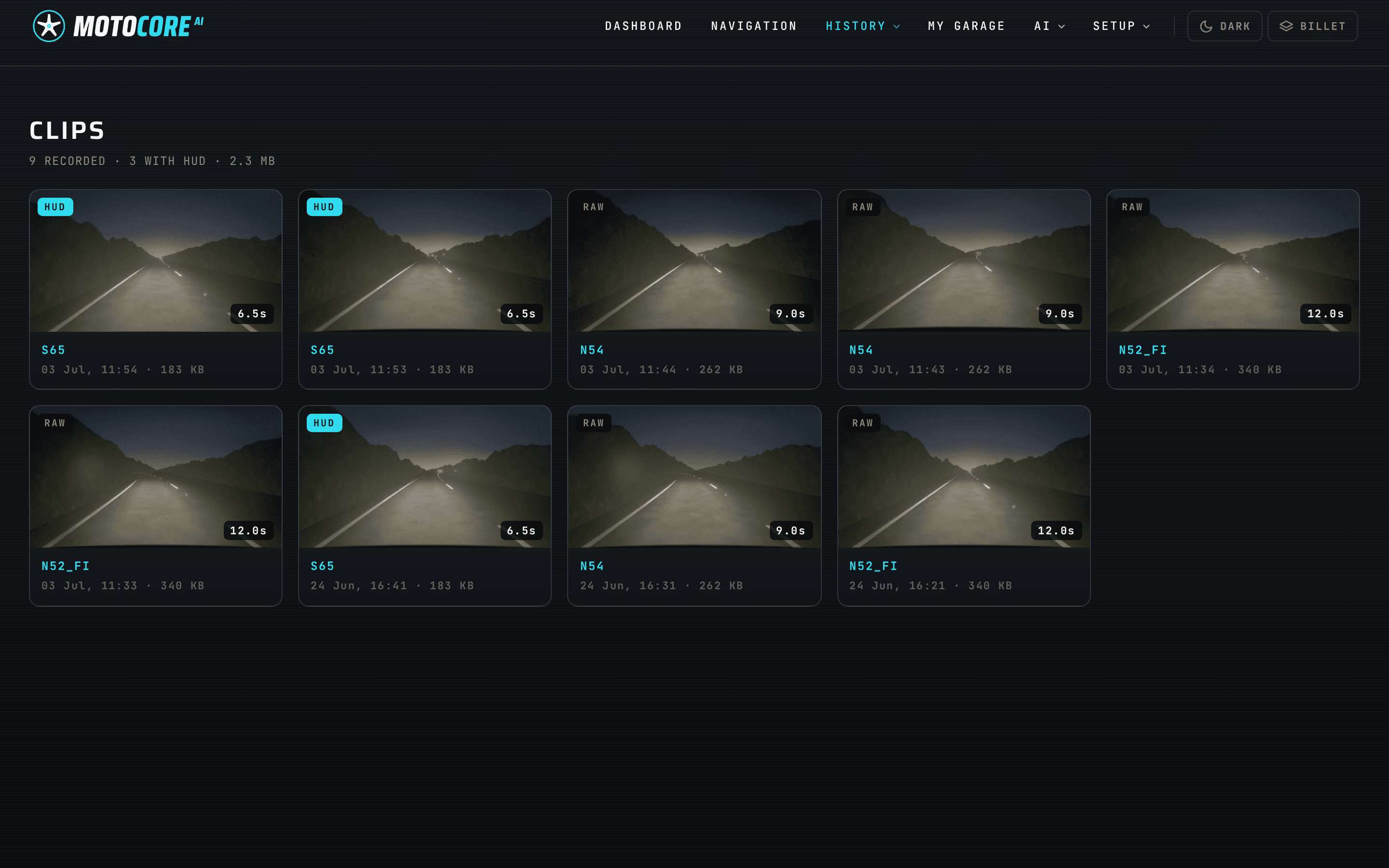 MotoCore web app clips gallery, a poster grid of nine recorded clips with HUD and RAW badges, durations and engine-profile tags