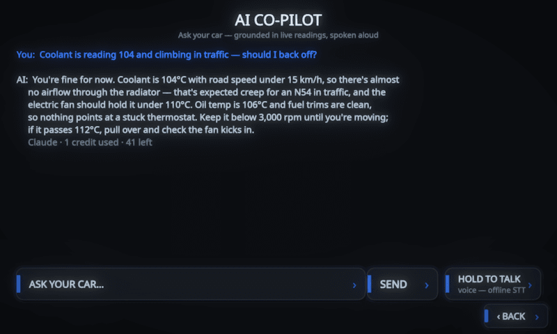 MotoCore One AI Co-Pilot giving a grounded answer to a coolant question, marked Claude, 1 credit used