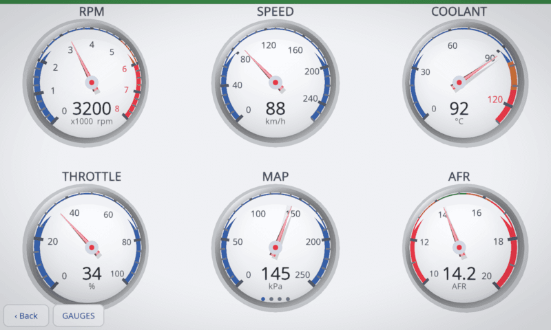 MotoCore One dashboard in the light theme with silver-faced 3D dials at 3,200 rpm and 88 km/h