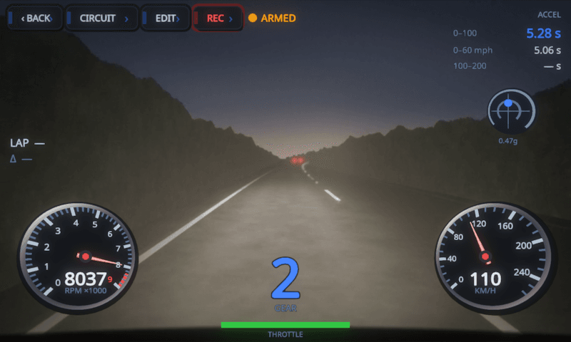 MotoCore One dashcam HUD with tacho at 8,033 rpm, 110 km/h, gear 2, a latched 0-100 split of 5.28 s and REC armed