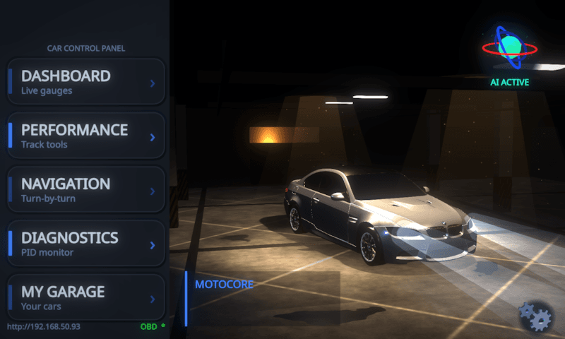 MotoCore One main menu with dashboard, performance, navigation, diagnostics and garage entries beside the 3D underground garage