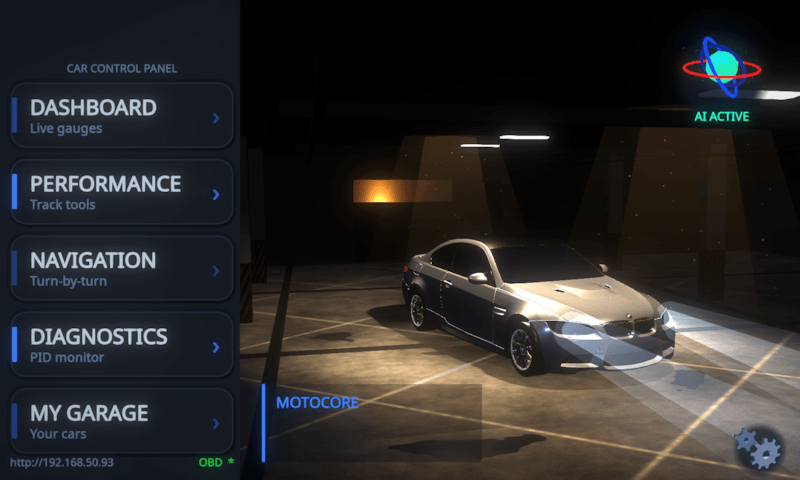 MotoCore One main menu, a navigation rail beside a 3D underground garage with a BMW M3 under the lights