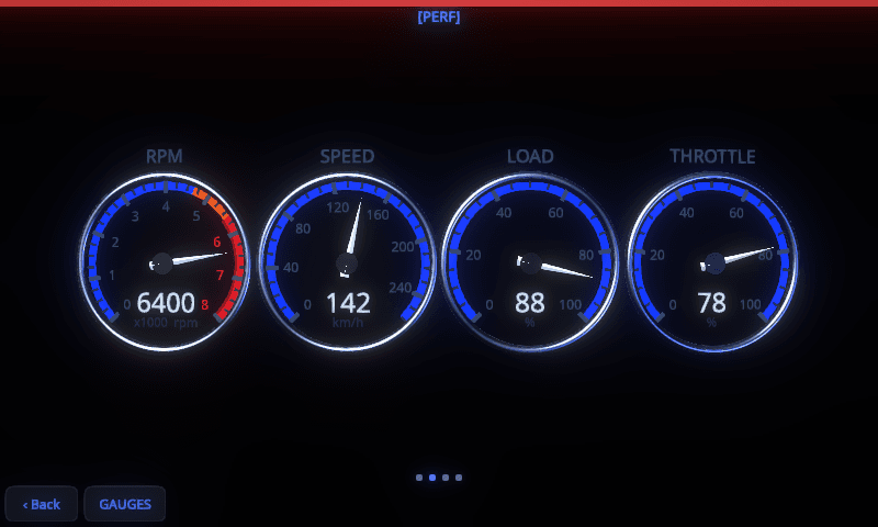 MotoCore One PERF quick-view with RPM, speed, load and throttle dials at 6,400 rpm and the red shift bar lit