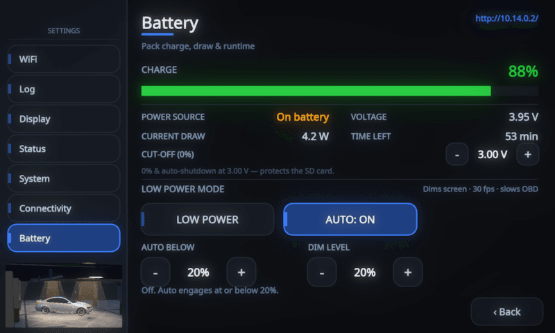 MotoCore One battery settings showing 88 % charge, on battery drawing 4.2 W at 3.95 V with 53 minutes remaining, a storage-protecting cut-off voltage stepper and low-power mode with auto-engage at 20 %
