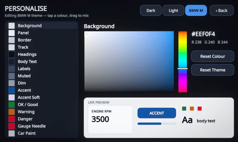 MotoCore One theme editor with an editable palette list, an HSV colour picker with hex readout and a live preview card, editing the BMW M theme