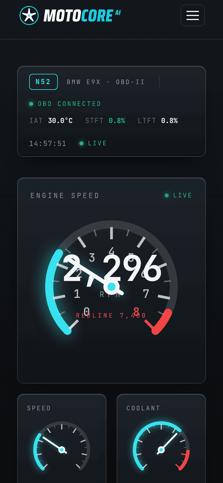 MotoCore web app on a phone with a live status card showing OBD connected on the N52 profile, a hero tachometer at 2,296 rpm with the 7,400 rpm redline marked, and speed and coolant gauge tiles